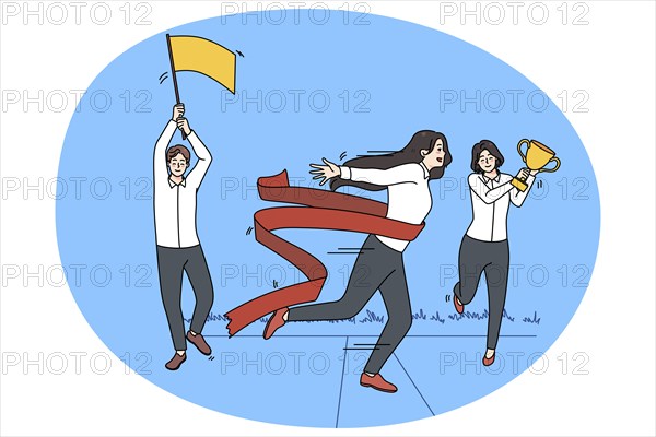 Motivated female employee feel euphoric cross finish line reach business goal. Excited woman worker achieve career target or aim. Way to victory. Winner and success. Vector illustration