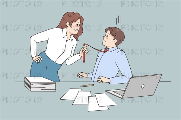 Young woman employee pull male employee tie seduce him at workplace. Female worker show attraction to man coworker. Sexual harassment and abuse in office. Flat illustration