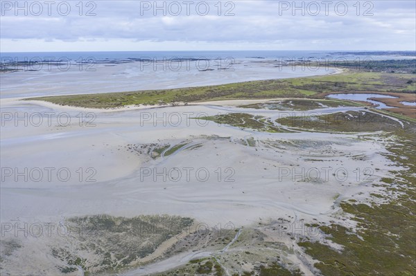 Aerial view Baie de Goulven bay at Keremma dune on the English Channel at low tide, sandbanks, Goulven, Leon, department Finistere Penn-ar-Bed, region Bretagne Breizh, France, Europe