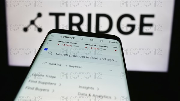 Stuttgart, Germany, 07-11-2024: Mobile phone with website of South Korean agriculture platform company Tridge Co. Ltd. in front of logo. Focus on top-left of phone display, Europe