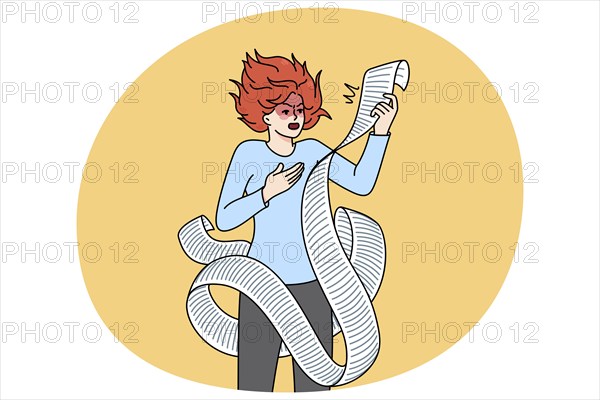 Stressed young woman with long list annoyed with plans and problems. Unhappy girl frustrated with tasks and liabilities. Multitasking and overload concept. Vector illustration