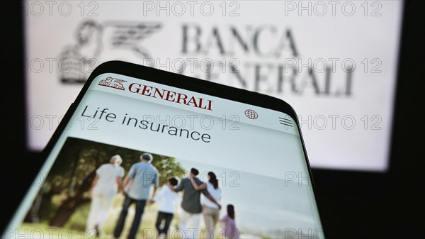 Stuttgart, Germany, 06-01-2024: Mobile phone with webpage of Italian financial services company Banca Generali S.p.A. in front of logo. Focus on top-left of phone display, Europe