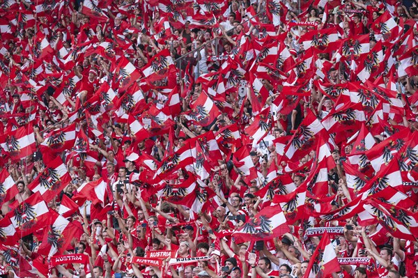 BERLIN, GERMANY - JUNE 21, 2024: Euro 2024 Groupe D match Poland vs Austria 1:3. Supporters of Austria.