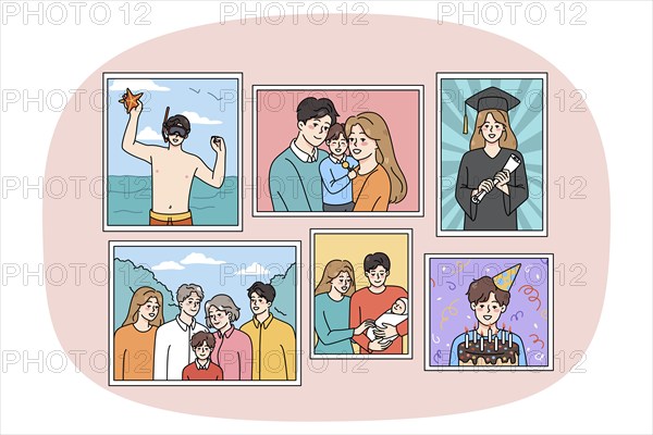 Set of family pictures in frames hanging on wall. Collection of photographs of parents and children during important memorable life moments. Memory in photo. Vector illustration