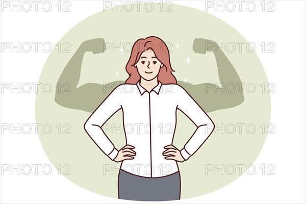 Successful businesswoman stands with hands on waist imagining giant muscular arms behind back. Businesswoman feels strength and leadership skills after gaining new knowledge or training for management