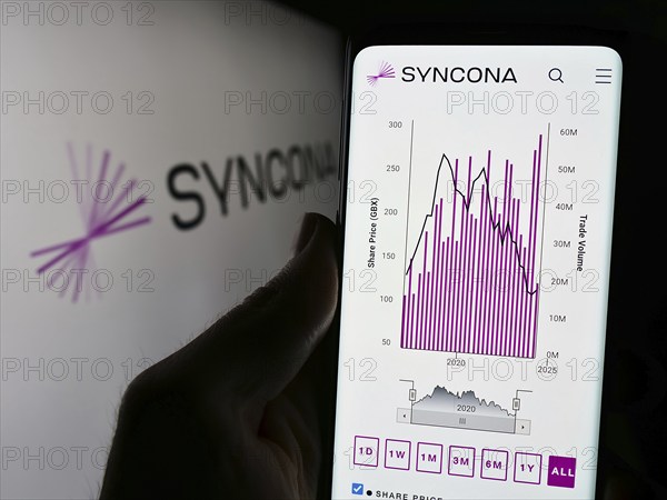 Stuttgart, Germany, 04-08-2024: Person holding cellphone with webpage of British investment company Syncona Limited in front of business logo. Focus on center of phone display, Europe