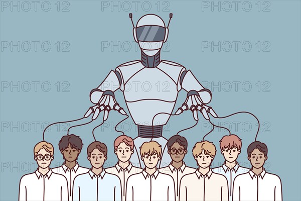 Robot manipulates crowd of people using puppeteer strings and symbolizing problems caused by artificial intelligence. Business puppets are controlled by robot created using AI technology