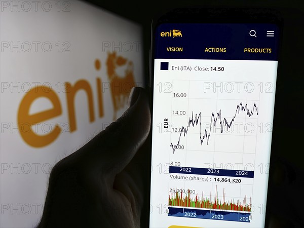 Stuttgart, Germany, 06-01-2024: Person holding smartphone with website of Italian energy company Eni S.p.A. in front of business logo. Focus on center of phone display, Europe