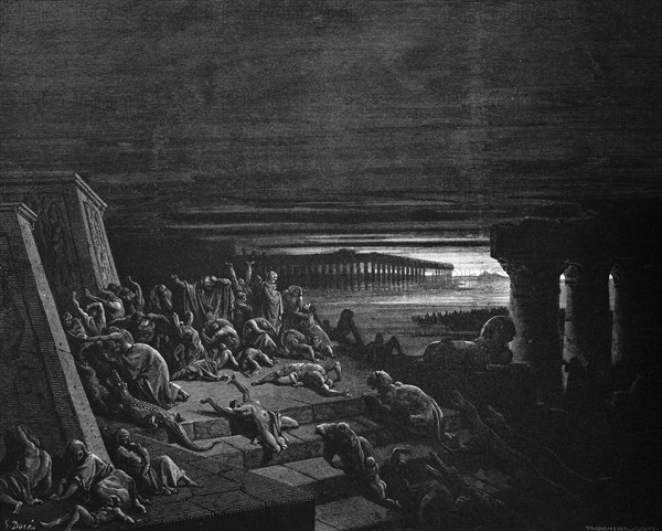 Bible, The Darkness, First Book of Moses, Moses, Old Testament, Genesis, ten plagues, three days of darkness, punishment, suffering, misfortune, sea, temple, despair, Egypt, historical illustration 1885, Africa