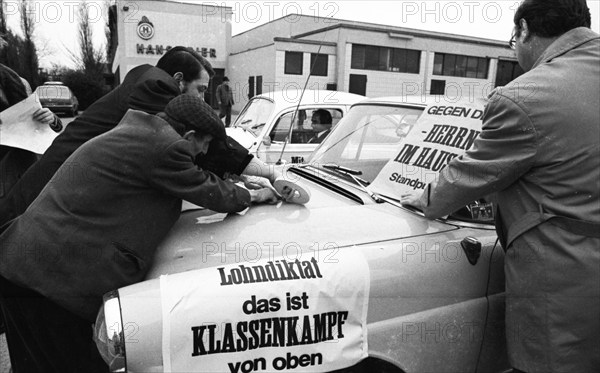 The IG Metall union used a motorcade to promote its demands for higher wages, co-determination, equal rights for woman and reforms on 13 February 1975 in Dortmund, Germany, Europe