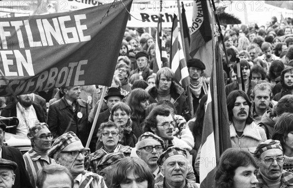 The party congress of the National Democratic Party of Germany (NPD) triggered protests against neo-Nazism, fascism and war on 08.12.1979 in Ketsch, Germany, Europe