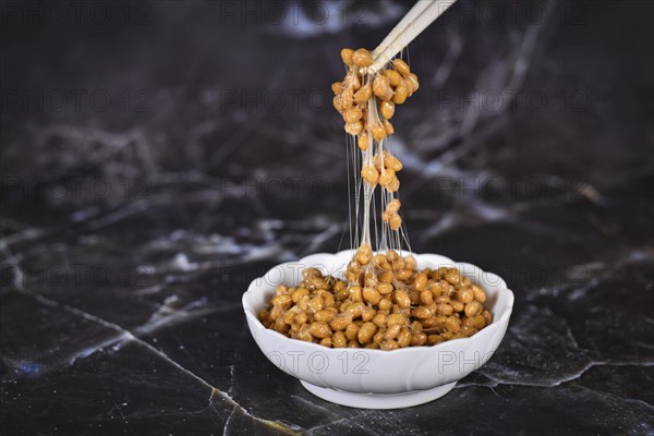 Traditional Japanese food Natto made from fermented soybeans drawing sticky strings on chopsticks on dark background