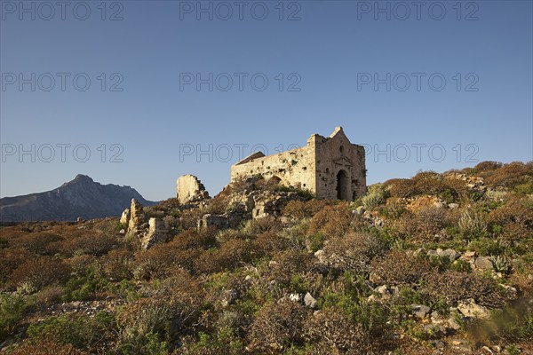 Venetian sea fortress Gramvoussa, Machia, ruined building, Venetian, blue cloudless sky, Gramvoussa peninsula, Pirate Bay, Balos, Tigani, West Crete, island of Crete, Greece, Europe