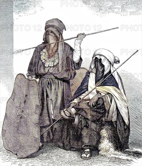 Armed men of the Tuareg people in 1869, Berber people in the Sahara desert and the Sahel, Africa, Historical, digitally restored reproduction of a 19th century original, exact original date unknown