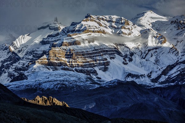 Himalayas snowcapped summit mountains in snow. Near Dhankar, Spiti Valley, Himachal Pradesh, India, Asia