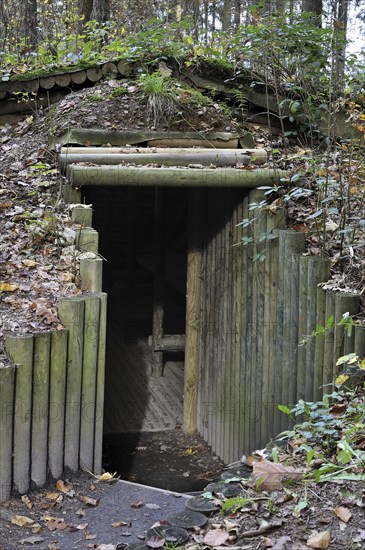 Entrance of cagna, hideout of the Belgian resistance fighters, the maquisards, at the Wolfsschlucht I, Grand Quartier Général Allemand 1940, open air museum with Adolf Hitler's bunker in the forest at Brûly-de-Pesche, Ardennes, Belgium, Europe