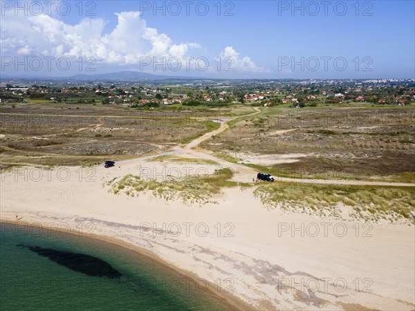 Aerial view, beach at Nea Kallikratia, Nea Propondida, Chalkidiki, Central Macedonia, Giechenland