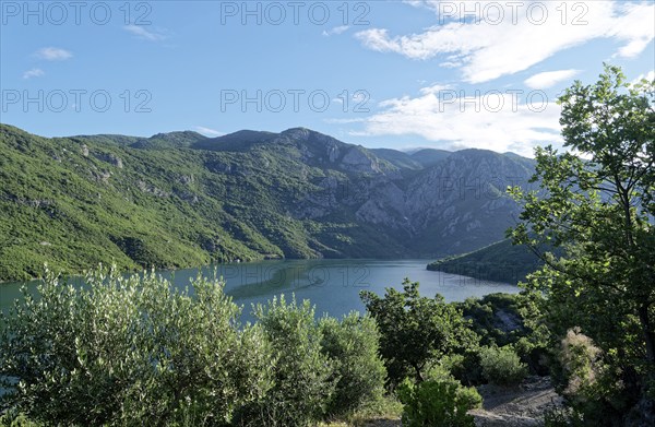 Lake Koman, a reservoir on the Drin River, in the Albanian Alps in northern Albania. Koman, Shkodra, Albania, Southeast Europe, Europe