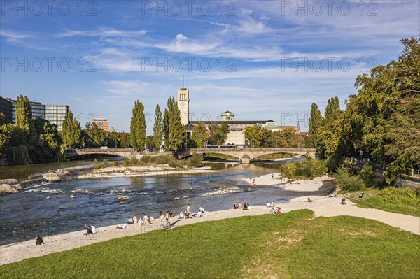 People on the Isar and German Museum on the Museum Island, Munich, Bavaria, Germany, Europe