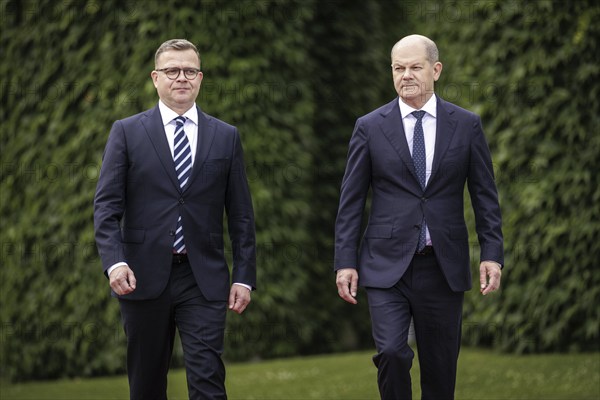 (R-L) Olaf Scholz, Federal Chancellor, receives. Petteri Orpo, Prime Minister of the Republic of Finland, with military honours at the Federal Chancellery. Berlin, 14.07.2023., Berlin, Germany, Europe