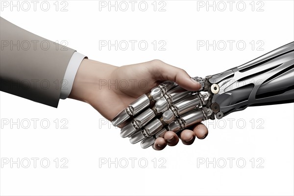 Handshake between a human hand and a robot metallic hand. The image symbolizes partnership, trust, and cooperation between humans and AI technology