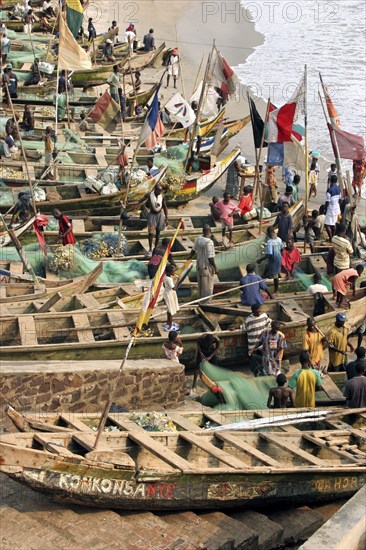 Traditional wooden fishing boats in the fishing harbour of Cape Coast, Cabo Corso, Ghana, West Africa, Africa