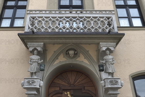 Balcony and entrance in the style of historicism, built in 1904, Hotel zur Post, Schrobenhausen, Upper Bavaria, Germany, Europe