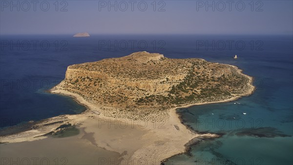 Lagoon, green sea, Tigani Island, boats, Pontikos Island, sandbank, Gramvoussa Peninsula, Pirate Bay, Balos, Tigani, cloudless blue sky, West Crete, Crete Island, Greece, Europe