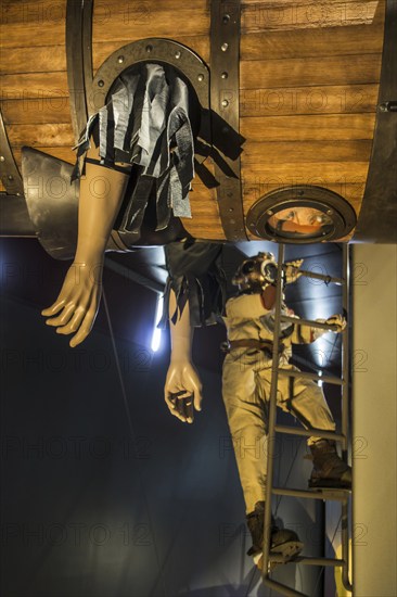 Old wooden submarine and early diving suit at the Cité de la Mer, maritime museum in Cherbourg, Normandy, France, Europe