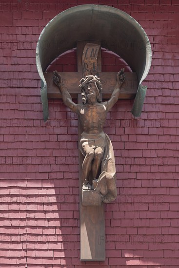 Wooden Jesus cross on a shingle wall, Nesselwang (Ostallgäu), Bavaria, Germany, Europe