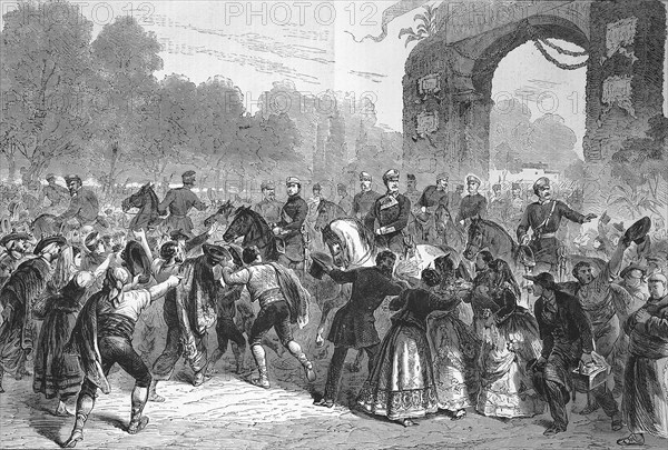 General Prim crossing the Prado being celebrated by the people of Madrid, 1869, Prim himself was appointed Prime Minister by Serrano, Spain, Historic, digitally restored reproduction of a 19th century original, Europe