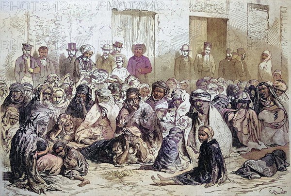 The inhabitants of Setif distributing food to Arab woman and children, 1869, Algeria, Historical, digitally restored reproduction of a 19th century original, Africa