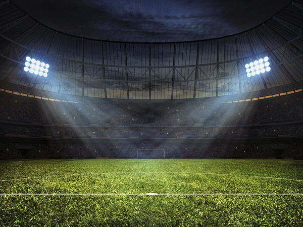 Sport concept background, soccer footbal stadium with floodlights. Grass football pitch with mark up and soccer goal with net