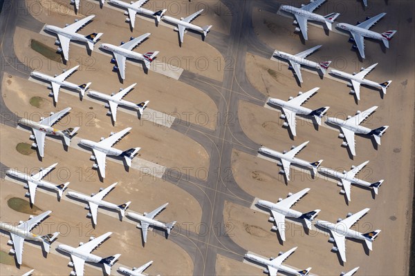 Aerial view of parked commercial aircraft at Teruel Airport in Aragon, parking, storage, scrapping, Airbus, Boeing, Lufthansa, A380, Spain, Europe