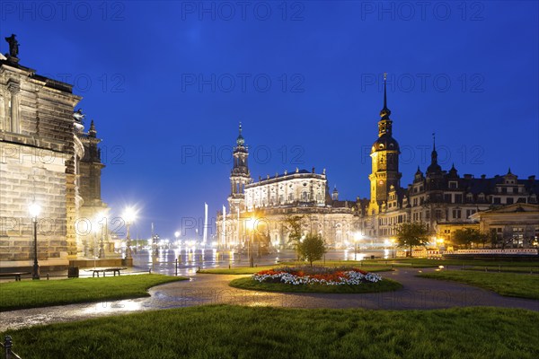 Semper Opera House, Court Church, Residence Palace, Hausmann Tower, King John Monument and Schinkel Guard at Theaterplatz during rain, Dresden, Saxony, Germany, Europe