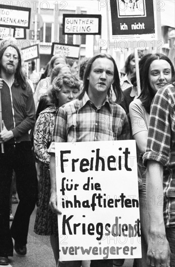 Conscientious objectors demonstrated against the reform of the SPD Defence Minister Georg Leber in Essen, Germany on 05.07.1975