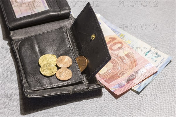 Wallet with coins and notes, euro, Germany, Europe