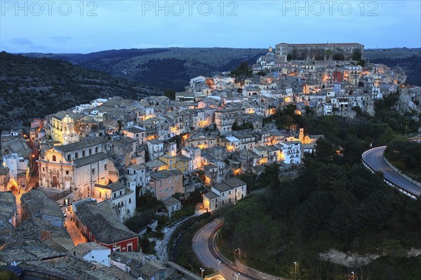 City of Ragusa, the late Baroque district of Ragusa Ibla by night, Unesco World Heritage Site, Sicily, Italy, Europe