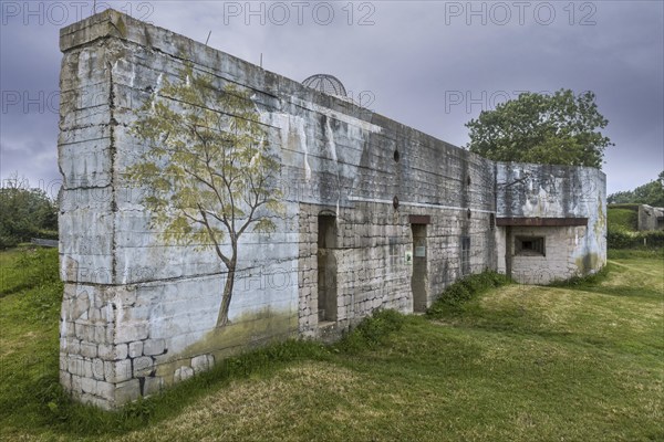 Camouflage painting on rear of gun casemate, artillery bunker of WWII Batterie d'Azeville Battery, part of German Atlantic Wall, Normandy, France, Europe