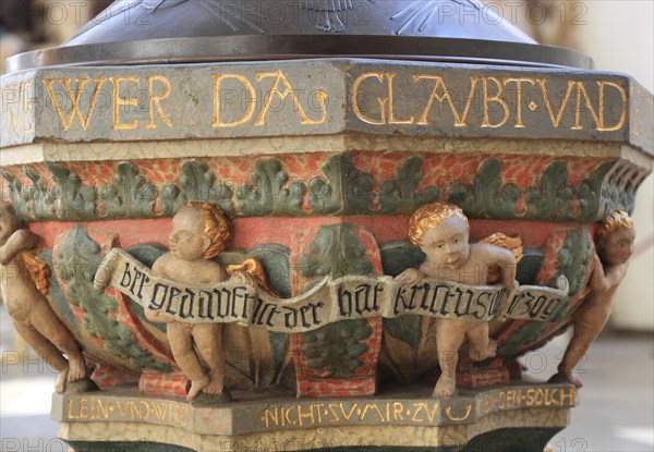 Baptismal font from 1539 with relief of a children's round dance by J¸rg Diener, in the church of Sankt Moriz, Coburg, Upper Franconia, Bavaria, Germany, Europe