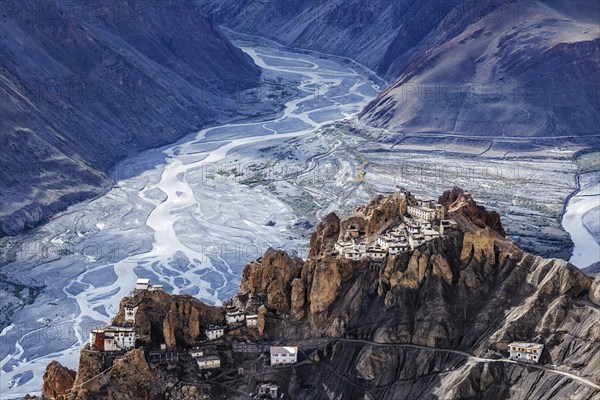 Dhankar monastry perched on a cliff in Himalayas. Dhankar, Spiti Valley, Himachal Pradesh, India, Asia