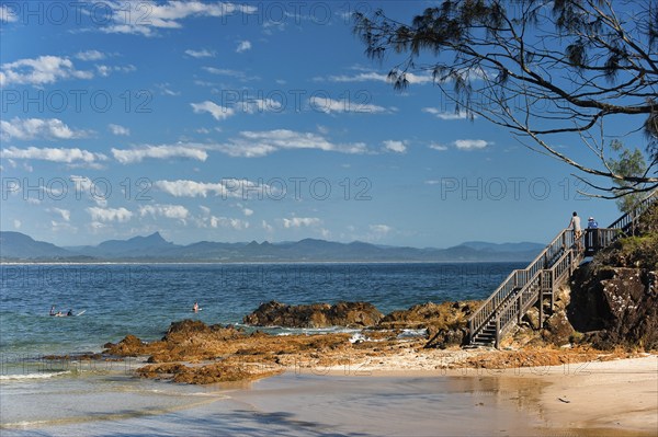 Stairs and viewpoint, travel, holiday, sea, beach, Pacific, ocean, on the beach of Byron bay, Queensland, Australia, Oceania