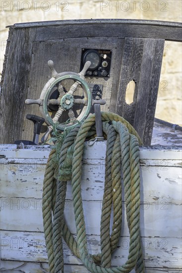 Ropes and steering wheel at a shipwreck, Kucište, Orebic, Pelješac Peninsula, Dubrovnik-Neretva County, Croatia, Europe