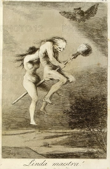 Two witches flying through the night on a broom, Historical, digitally restored reproduction from an original of that time