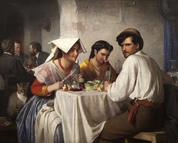 In front of a Roman osteria, man sitting with two woman at a table eating, the woman flirting with the viewer, the man looking annoyed, Rome, Italy, Painting by Carl Bloch, Historic, digitally restored reproduction from an original of the period, Europe