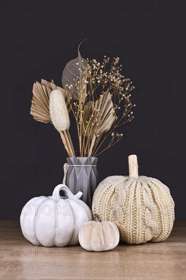 Seasonal fall decoration with boho style knitted beige pumpkin and gray stone pumpkin on dark background