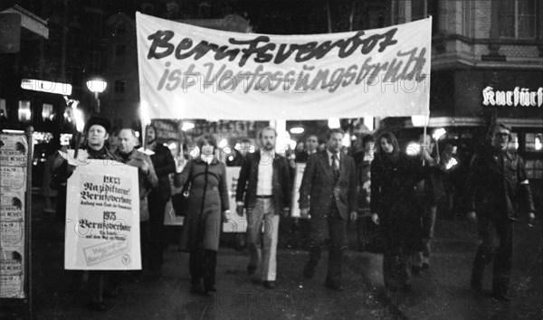 Nazi victims, some in concentration camp uniforms, demonstrated against the occupational bans caused by the Radical Decree on 23 October 1975 in Bonn. The call was made by the Association of Persecuted Persons of the Nazi Regime (VVN), Germany, Europe