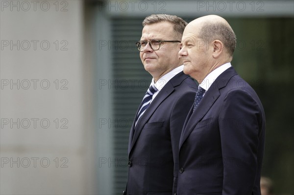 (R-L) Olaf Scholz, Federal Chancellor, receives. Petteri Orpo, Prime Minister of the Republic of Finland, with military honours at the Federal Chancellery. Berlin, 14.07.2023., Berlin, Germany, Europe