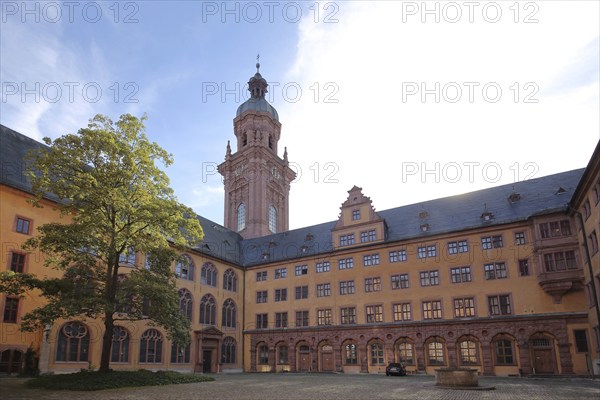 Inner courtyard with tower of the Neubaukirche, University Church, Renaissance, Old University, Würzburg, Lower Franconia, Franconia, Bavaria, Germany, Europe