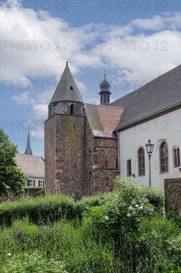 Romanesque bell tower, St Sebastian's Chapel, old town centre of Ladenburg, Baden-Württemberg, town fortifications, Germany, Europe